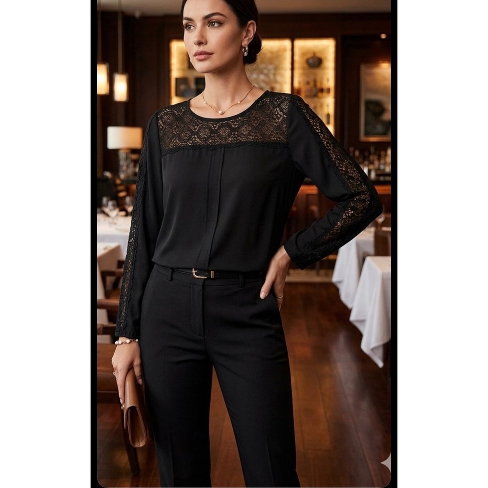 Metaphor Lace Trim Blouse  L Black Long Sleeve Whimsigoth Office Siren Romantic